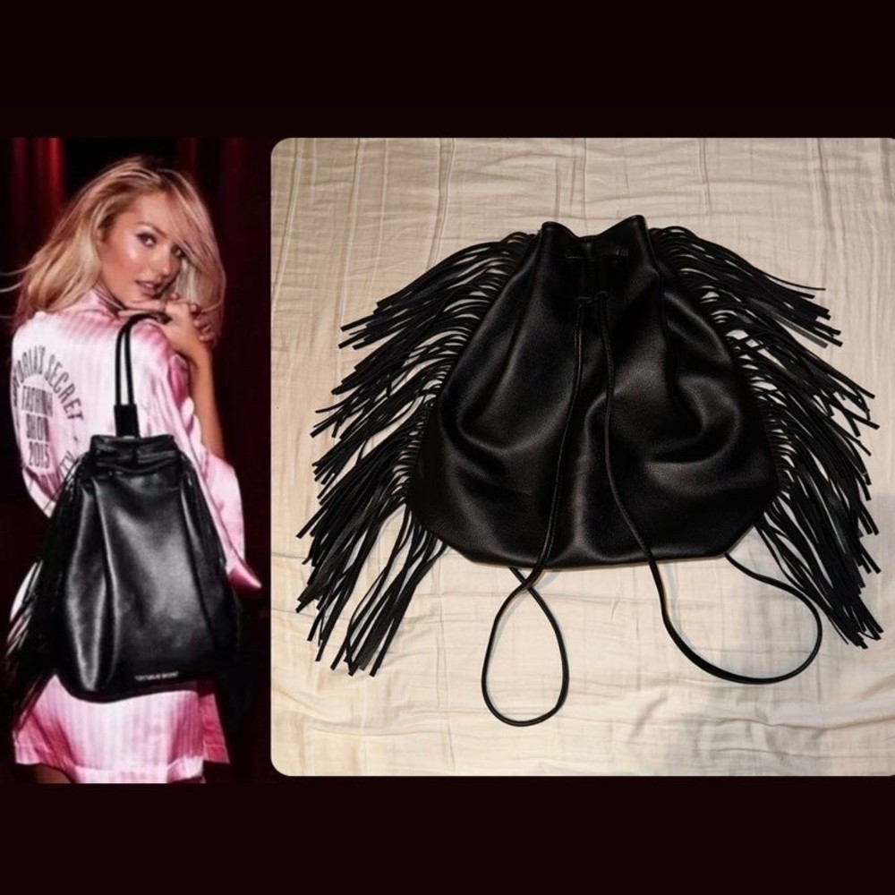 Victoria's Secret VS Black Faux Leather Boho Fringe Backpack